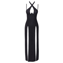 Robe longue à décolleté plongeant noire argentée - Cottelli PARTY 