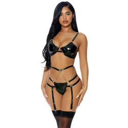 Ensemble 3 pièces à jarretelles en faux cuir - J Lingerie